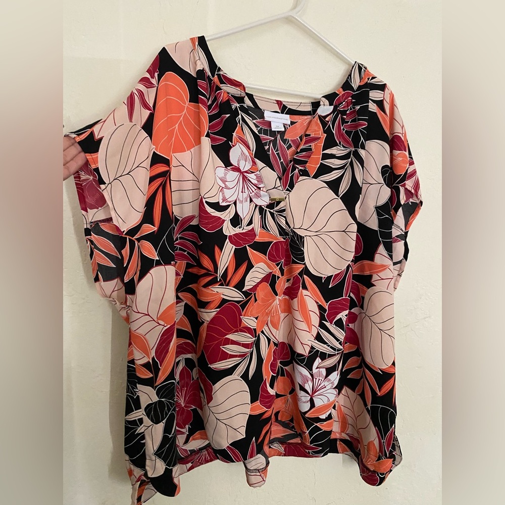 Liz Claiborne Floral Blouse 3X Oversized Flowy Tropical Dolman Sleeve